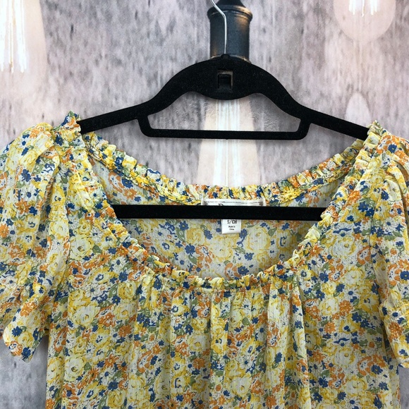 Decree Yellow Floral Short Sleeve Boho Top Blouse - Picture 4 of 8
